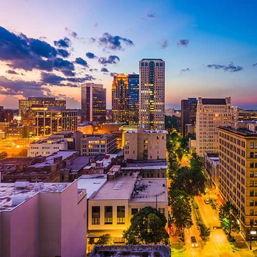 Birmingham cityscape in the evening.