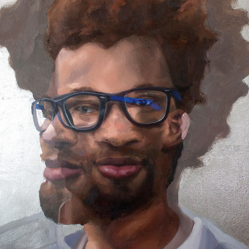 Caroline Myers, "Blue Glasses," 2020, Oil and Silver Leaf on Canvas. Courtesy of the artist and the Department of Art and Art History © Caroline Myers