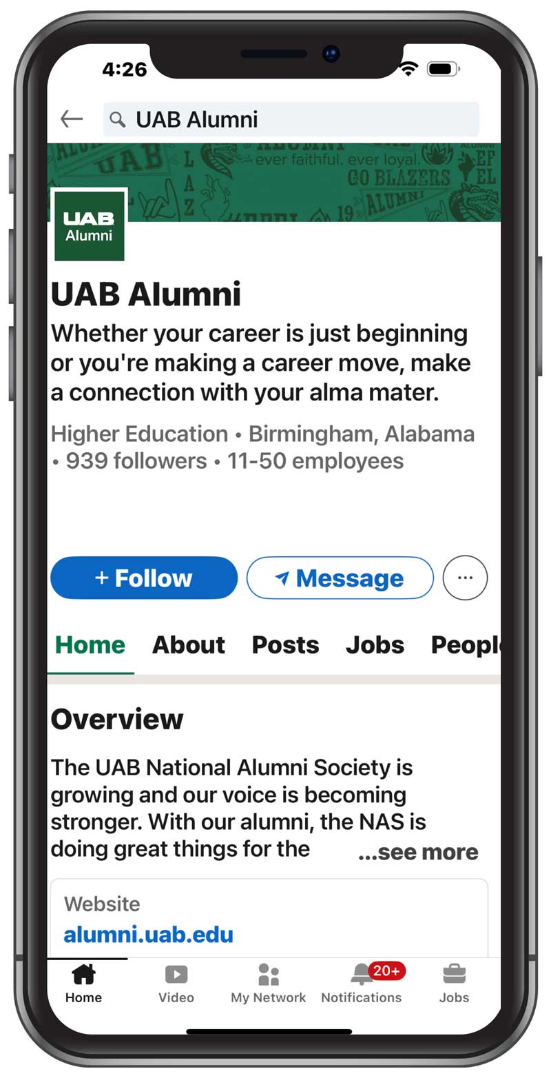 Graphic showing a LinkedIn page for UAB Alumni