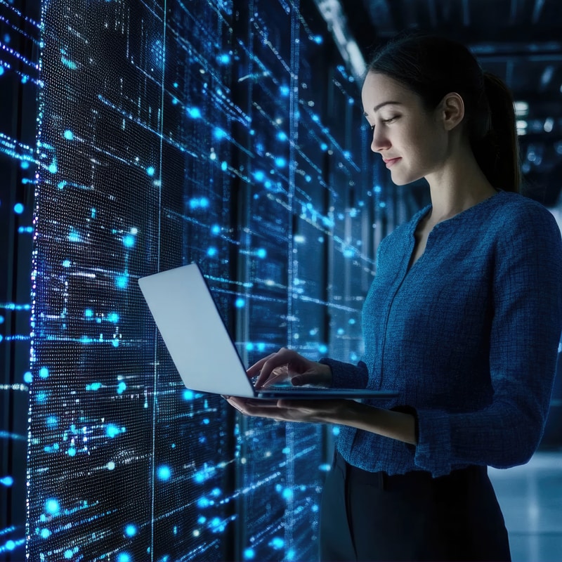 A woman using a laptop in front of a row of servers. 