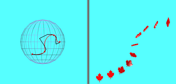 Animating motion (right) using a rational quaternion spline (left). (Shape Lab; Johnstone, with former PhD student Jim Williams, now at Siemens Research)