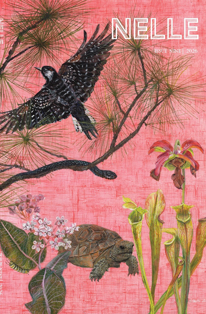 A textured pink background shows illustrations of several animals and alabama-native plants.