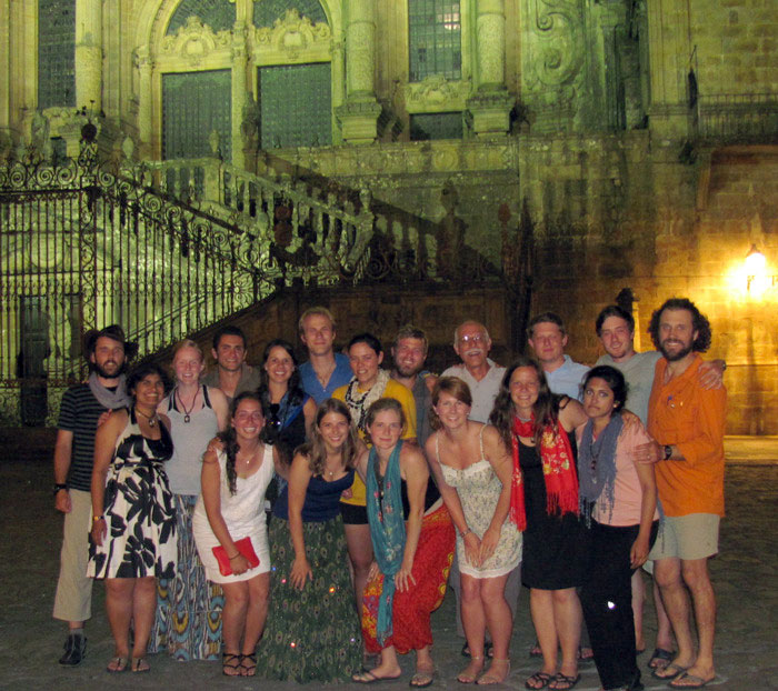 John Moore and students pose in Camino at night. 