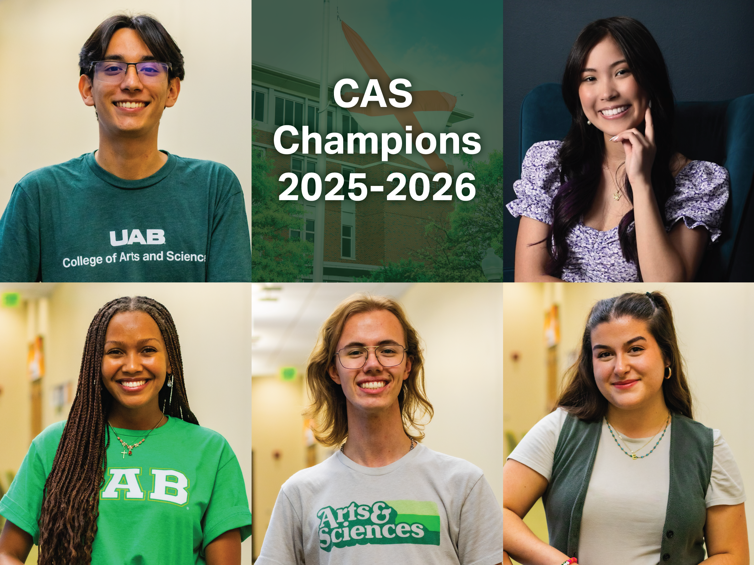 Combined photo of the CAS Champions, (clockwise) Miguel Luna, Ravyn Tracy, Karrington Jones, Mason Bayle, Elene Santini