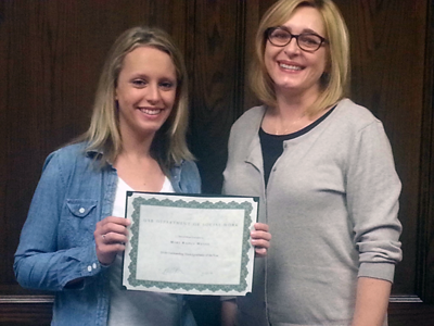 Undergraduate student Mary Rainey Wetzel (left) and Dr. Laurel Hitchcock, Assistant Professor (right). 