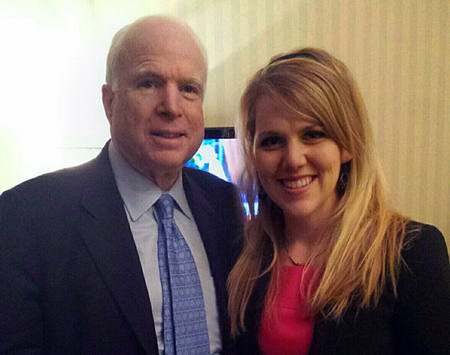 Rachel Hicks (at right) with Senator John McCain during his visit to the U.S. Embassy in Ukraine. 