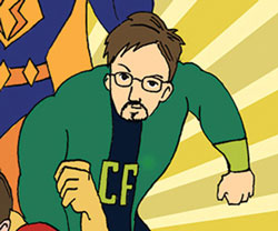 Cartoon of Gary Warner as a superhero.