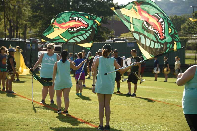 Members of the UAB Color Guard at band camp.