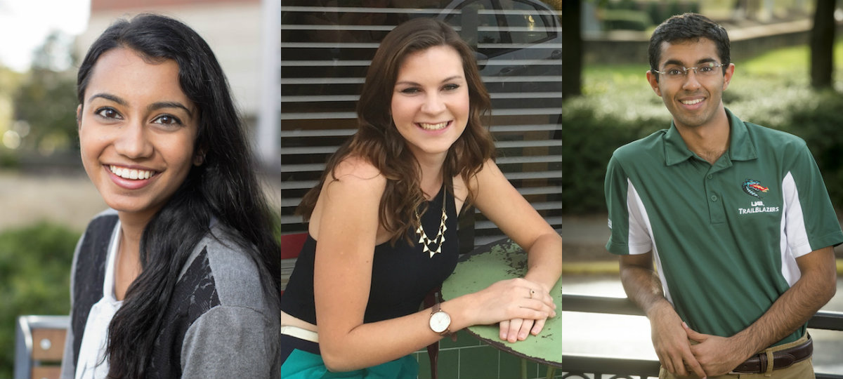 Undergraduate Neuroscience Program class representatives, from left: Vidushi Sinha, sophomore class; Remy Meir, junior class; and Hriday Bhambhvani, senior class.