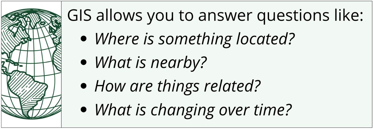 GIS allows you to answer questions like: Where is something located? What's nearby? How are things related? What's changing over time?