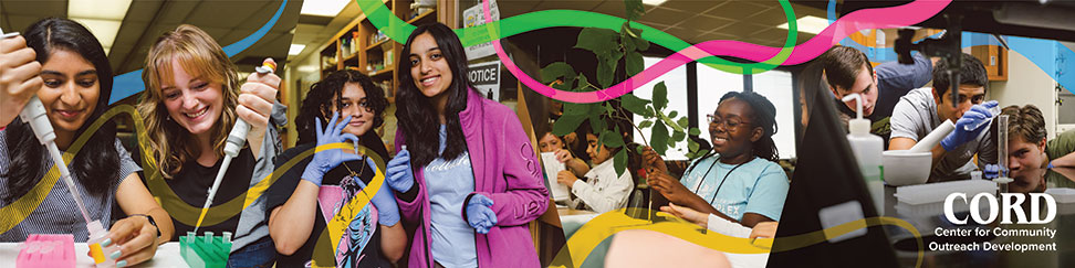 Banner shows a stylized collection of 4 pictures showing students in varied scientific pursuits. 