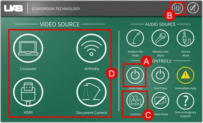 Screenshot of crestron touchscreen with icons identified. Audio selector icon is marked with letter A. Camera controls marked with B. Video source controls marked with C.