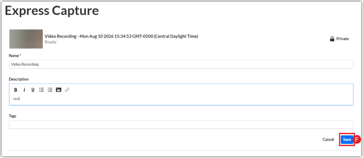 Express Capture media form with Save button highlighted