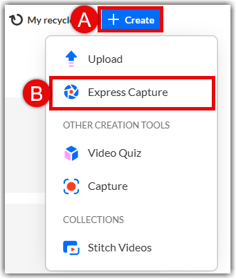 + Create menu with Express Capture highlighted