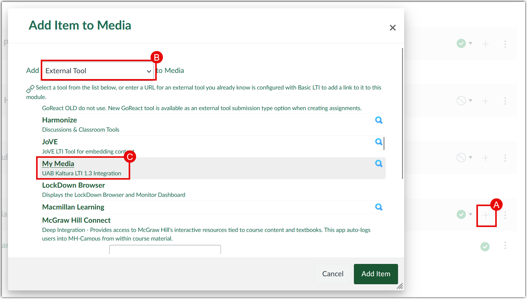Canvas link dialog from modules showing options for adding items
