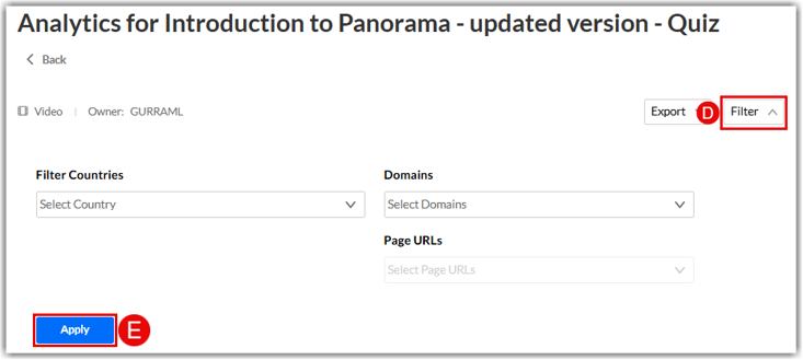 the Kaltura Analytics dashboard header, highlighting the "Filter" button (D) and its corresponding "Apply" button (E) for filtering options.