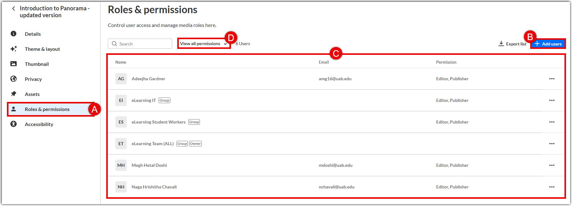 Kaltura Media Space Roles & permissions view showing a red callout circle "A" highlighting the "Roles & permissions" tab, red callout circle "B" highlighting the "+ Add users" button, red box "C" outlining the user/collaborators list table, red box "D" around the "View all permissions" dropdown filter, red callout circle "E" highlighting the "Edit" action menu, and red callout circle "F" highlighting the "Delete" action menu.