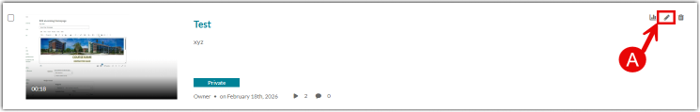 My Media video list entry with a red circle and label A highlighting the pencil edit icon located at the far right of the video row.