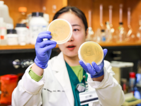 Dental researcher in white coat and blue gloves holding up biomaterials sample in a lab setting