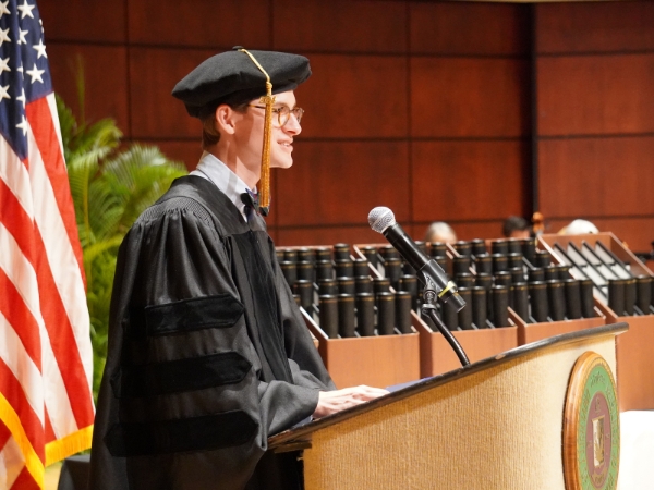 Heath Padgett giving the class presidents address during the 2024 D.M.D. Commencement Ceremony