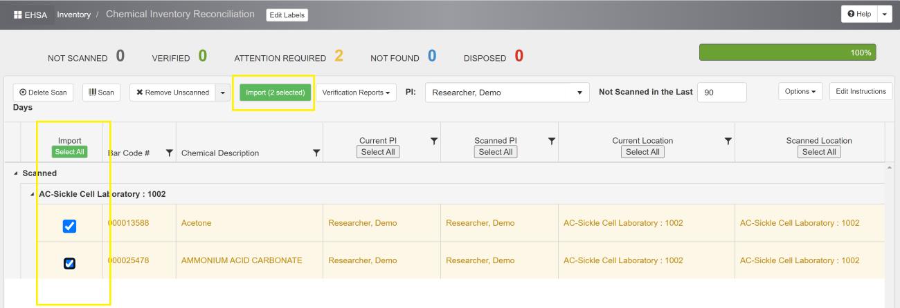 When you are ready to submit your reconciliation report, select your chemicals (first column) and click on "Import". You can do multiple imports during the reconciliation process or import all your inventory at once. Choose the most convenient import option to you.