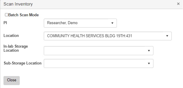 In "Scan Inventory" box, double-check the PI name and choose the location where you would like to start scanning. If you have storage locations, check the small box next to "Storage Location Required" at the top of your "Scan Inventory" box.