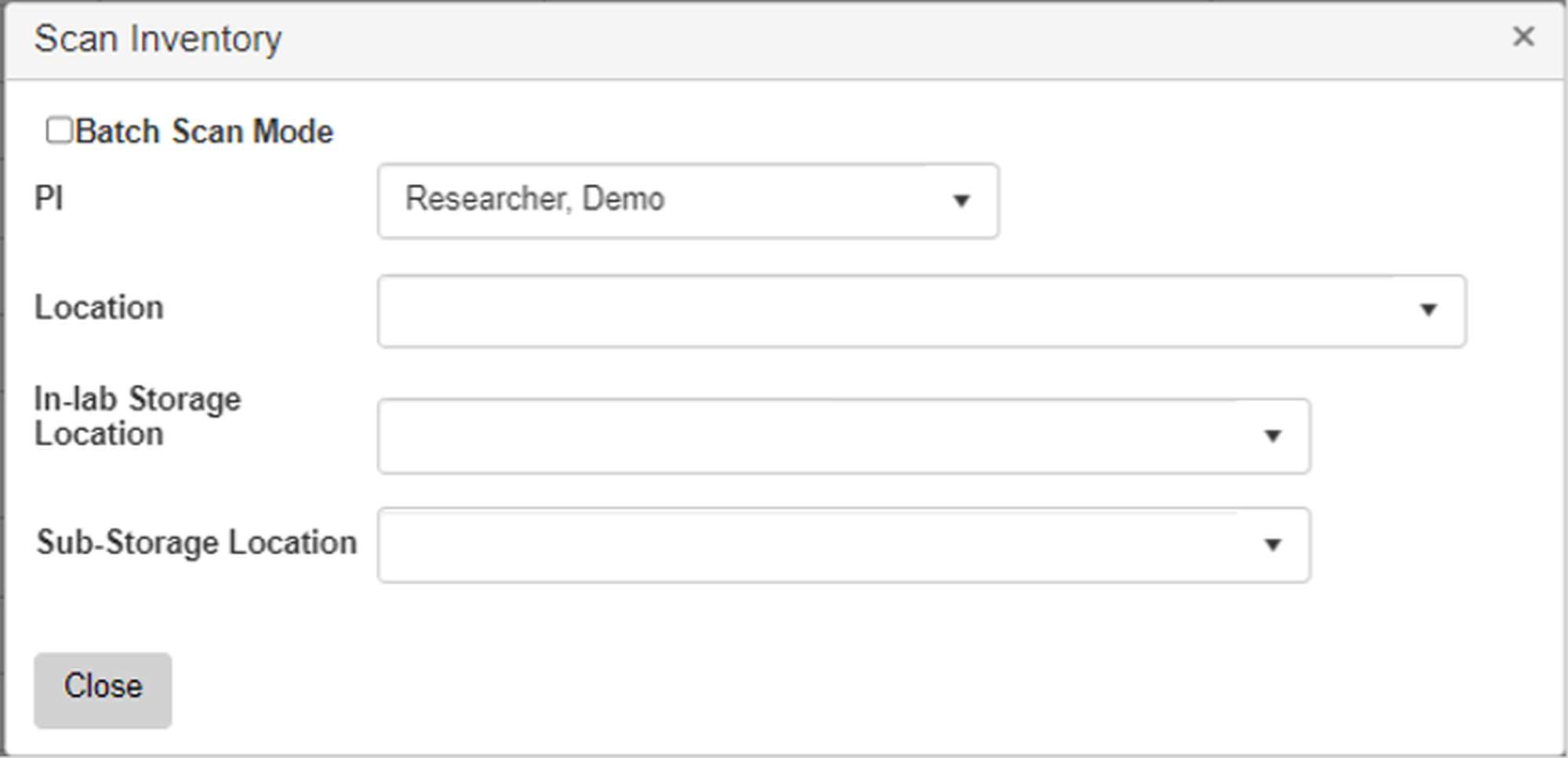 In "Scan Inventory" box, double-check the PI name and choose the location where you would like to start scanning. If you have storage locations, check the small box next to "Storage Location Required" at the top of your "Scan Inventory" box.