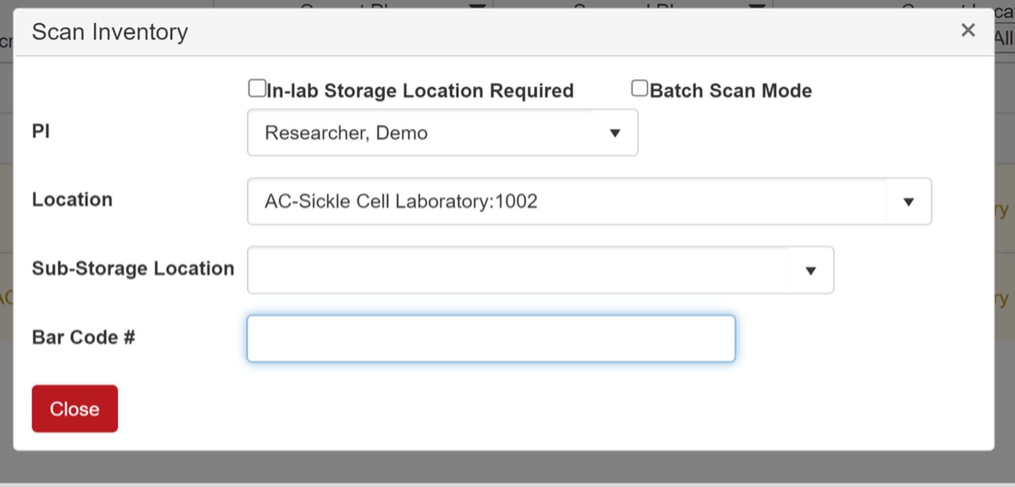 Counter at the top shows you number of containers already scanned ("Verified") through the process, "Not scanned", "Attention required" and "Disposed". Left top bar shows you % of already scanned inventory