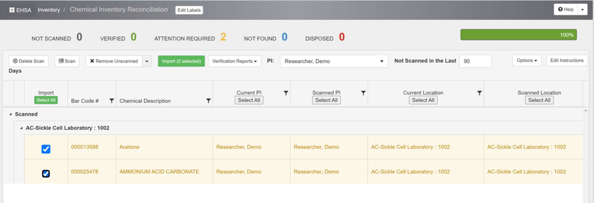 Table lists all scanned containers. Highlighted chemicals must be taken care of.