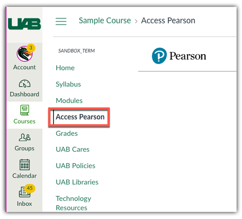 Screen grab of Pearson Access button in Canvas.