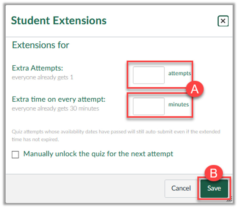 screenshot of student extensions screen with attempt text boxes outlined