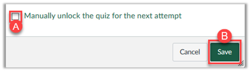 screenshot of checkbox to manually unlock quiz