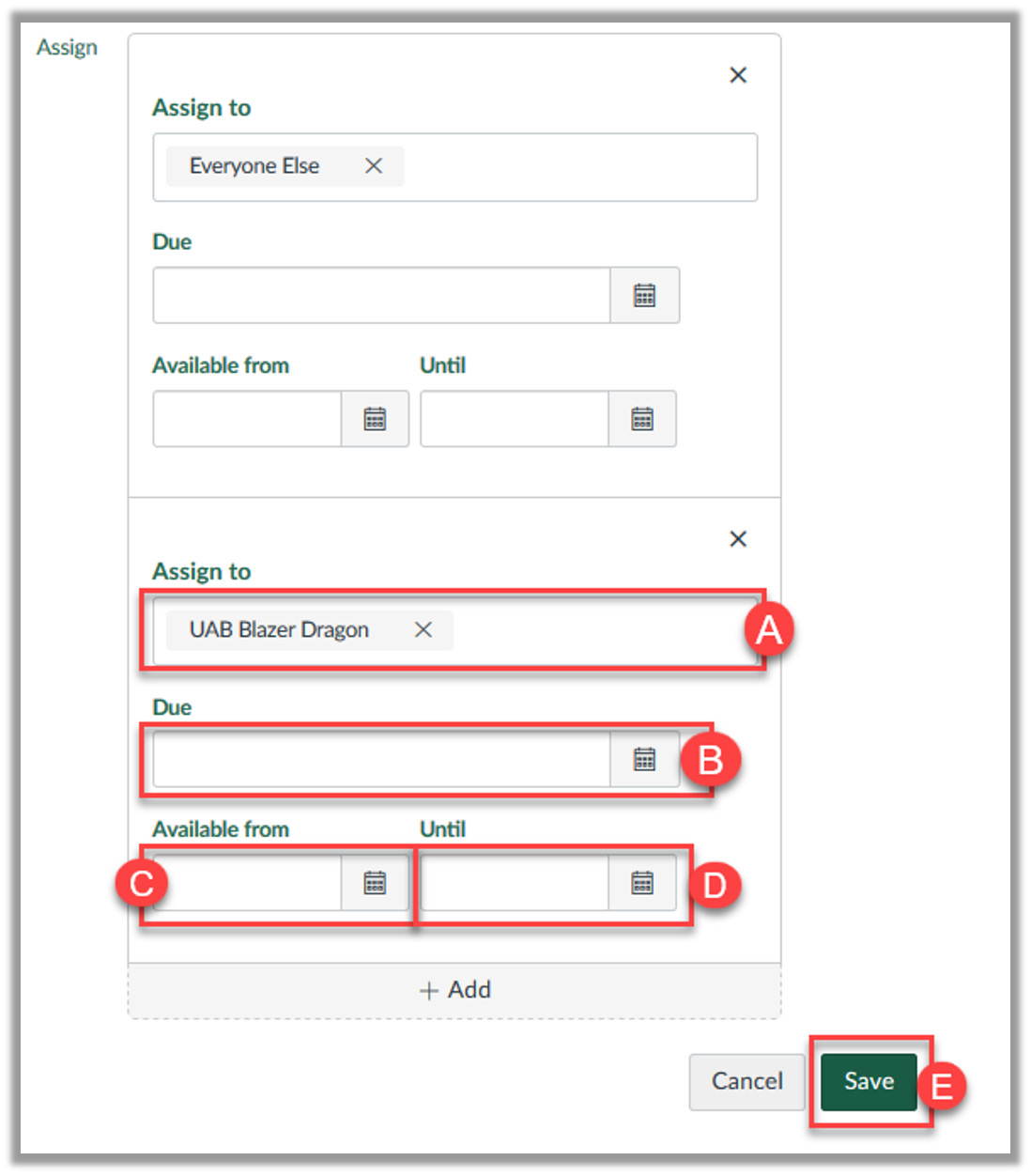 screenshot of assign to dialog box with text boxes from option 2 outlined