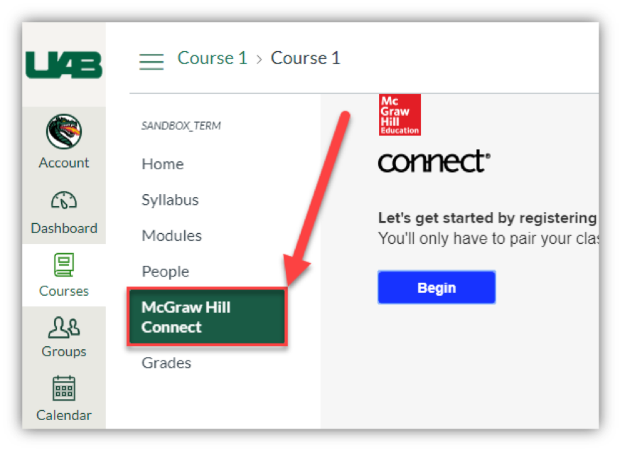 Screen grab of McGraw Hill Connect button in Canvas.