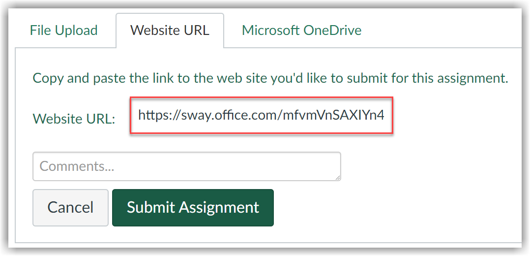 Screenshot of Website URL window. 