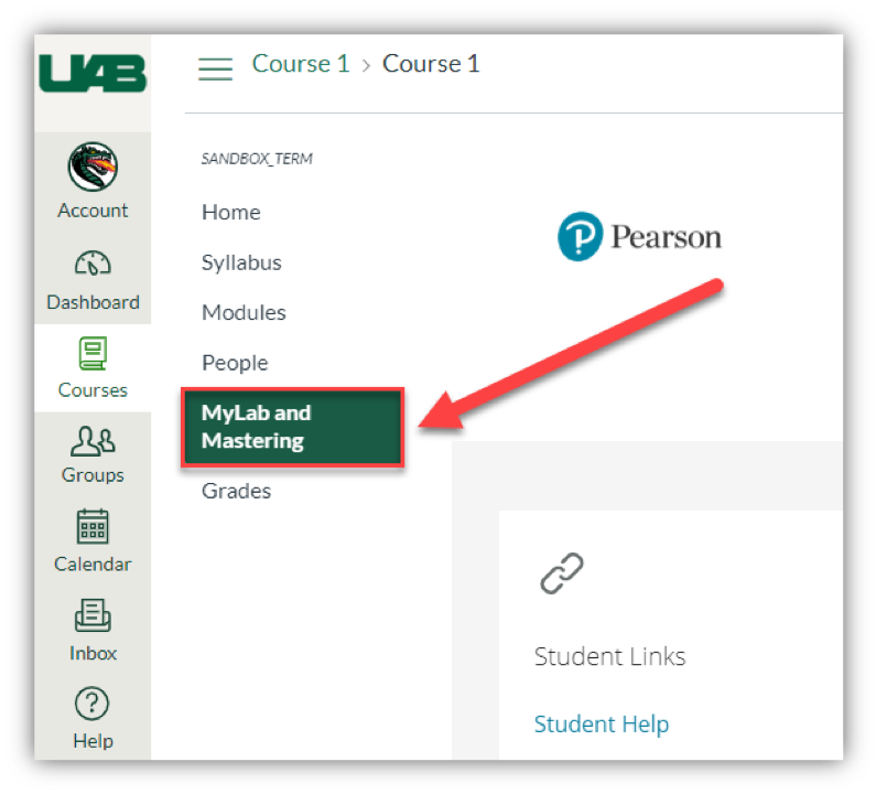 Screen grab of Pearson MyLab button in Canvas.