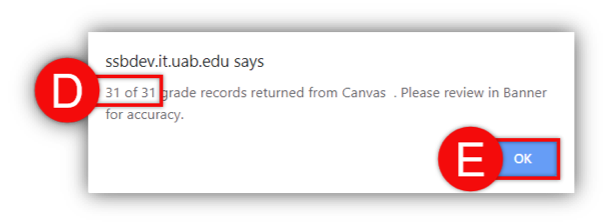 Popup message: "31 of 31 grade records returned from Canvas. Please review in Banner for accuracy."