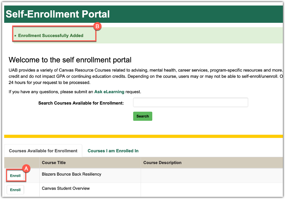 Screenshot showing the enroll button and banner. 