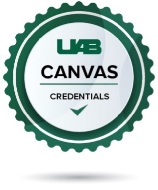 Round silver and green badge reading UAB Canvas Credentials.