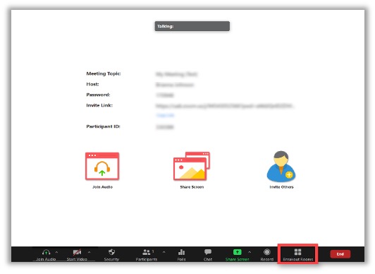 Zoom interface with Breakout Rooms icon highlighted.