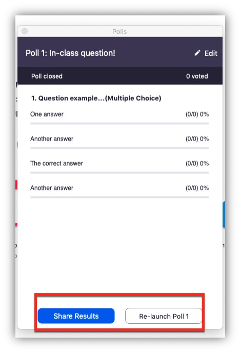 Screen shot showing how to share poll results in Zoom.