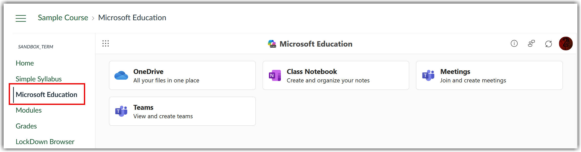 Canvas course navigation menu with Microsoft Education expanded, revealing links to OneDrive, Class Notebook, and Meetings.
