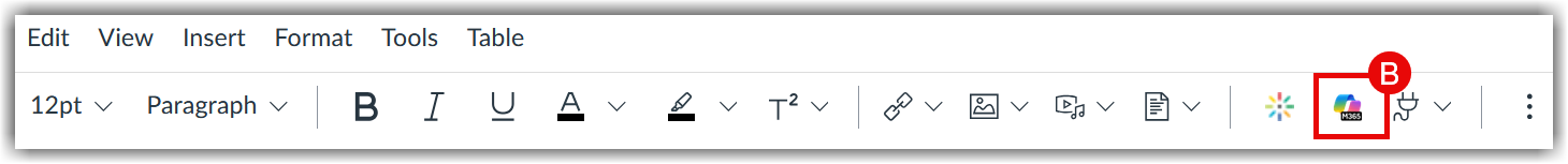 Canvas Rich Content Editor toolbar highlighting the current Microsoft 365 icon for embedding files.