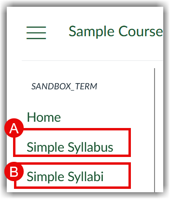 Canvas course navigation menu displaying both Simple Syllabus and Simple Syllabi options for cross-listed or section-specific syllabi.