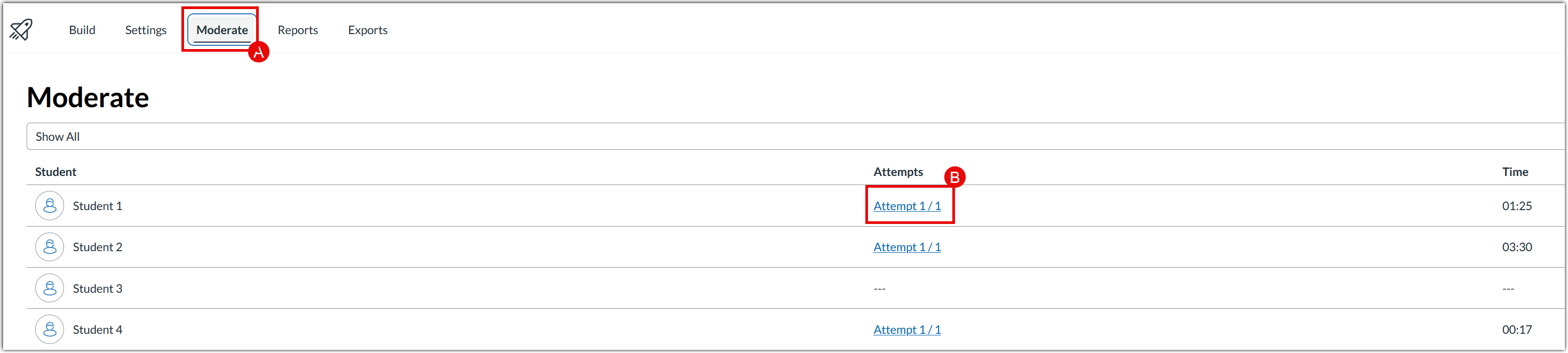 Canvas New Quiz Moderate tab listing individual student submissions with View Log links and timestamps.