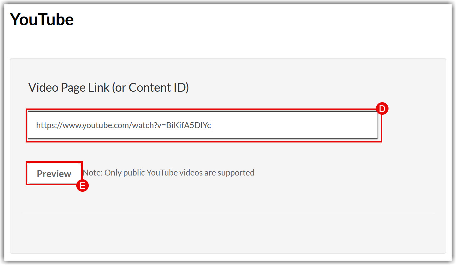 Place URL for YouTube video into Video Page Link text field