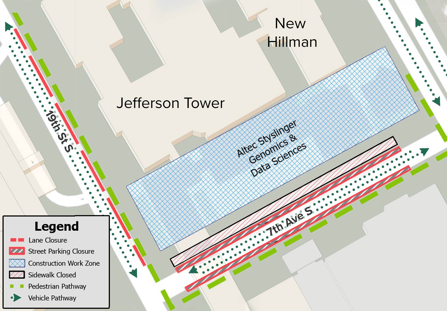 Map of traffic and pedestrian impacts within Altec Styslinger Genomics construction area