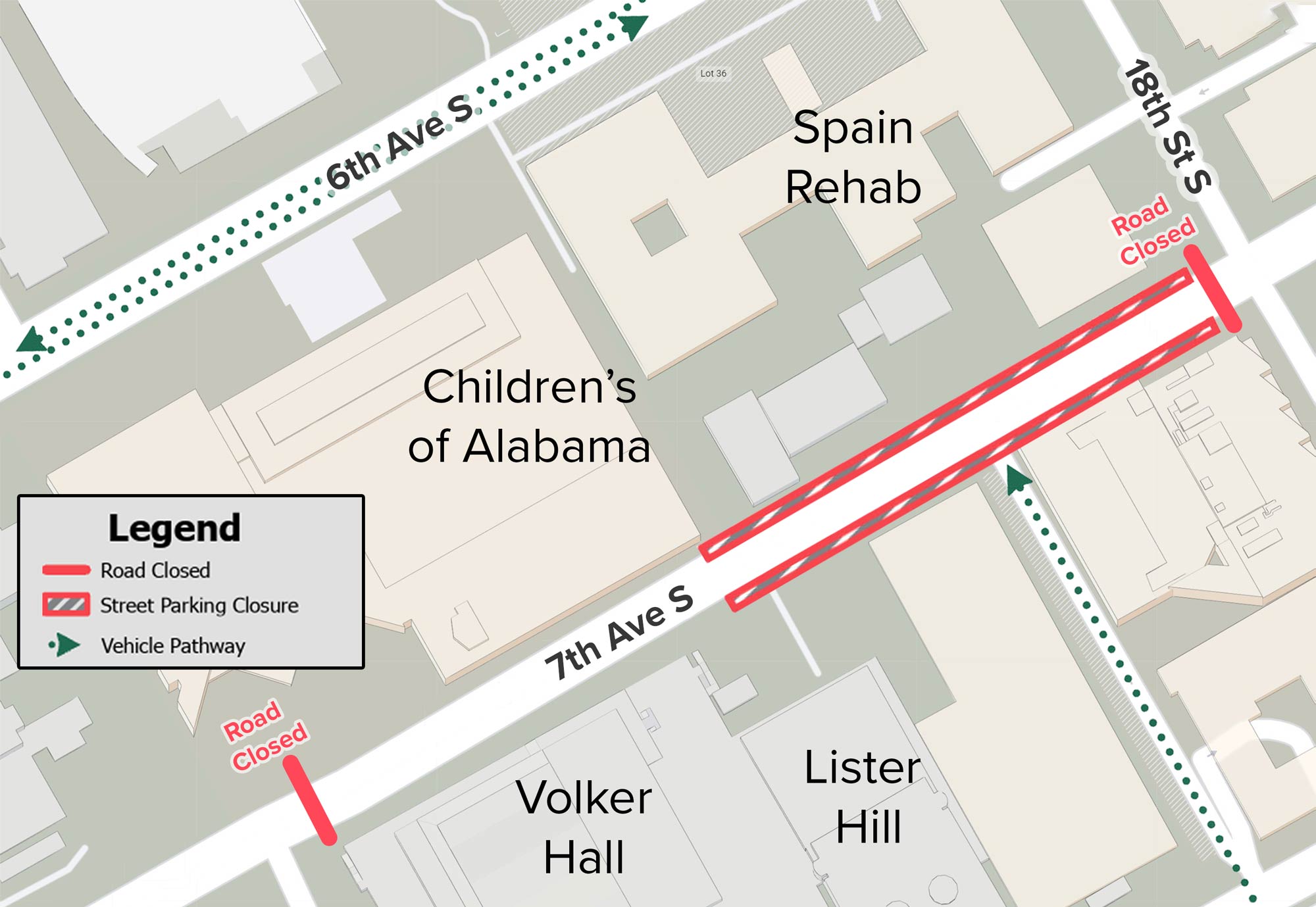 Map of traffic and pedestrian impacts within the Spain Rehab construction areas