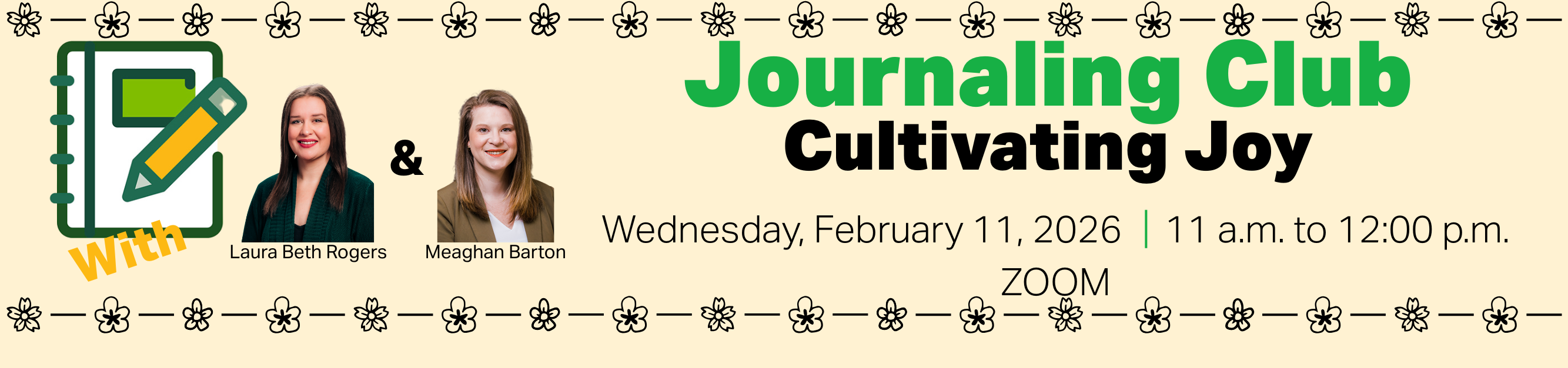 Register for Journaling Club, Cultivating Joy, Wednesday, February 11, 2026, from 11:00 a.m. to 12:00 p.m., Zoom