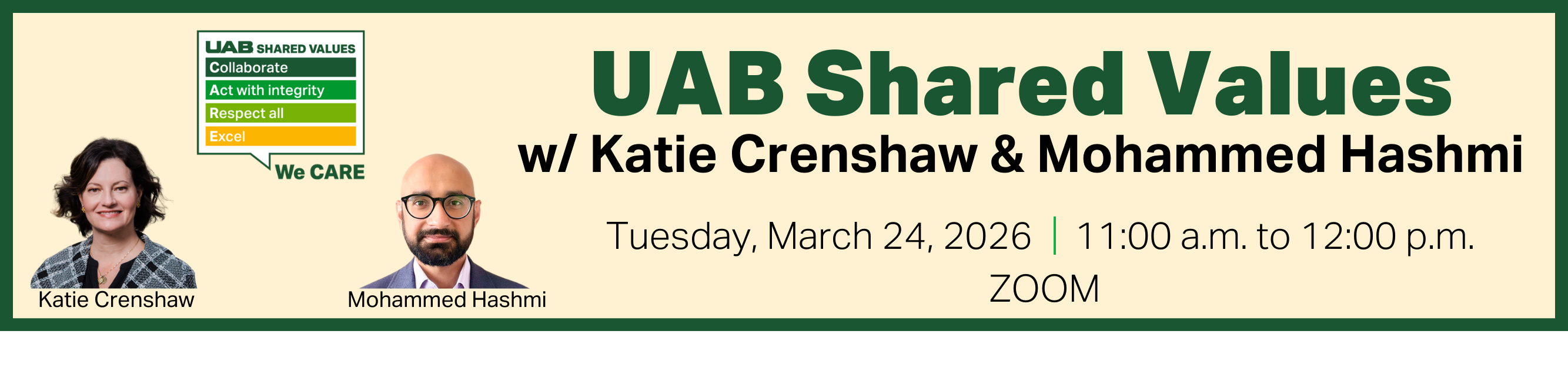 Register for UAB Shared Values, Katie Crenshaw and Mohammed Hashmi, March 24, 2026, 11:00 a.m. to 12:00 p.m., Zoom
